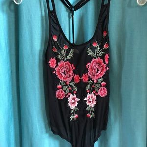 Floral embroidered mesh bodysuit